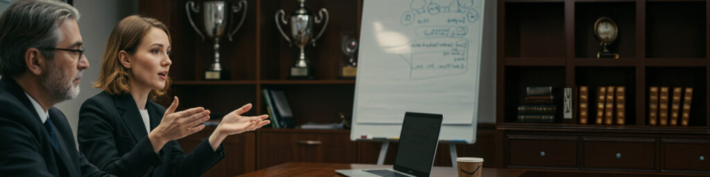 Two people discussing a project over a laptop, in an office environment, with trophies displayed in the background.